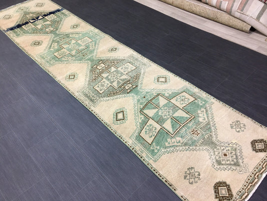 Vintage Hand Made Runner 2.7 x 11.6 Muted Runner Rug Turkish Runner Rug Muted Persian Runner Rug Vintage Rug Oriental Runner Rug Green