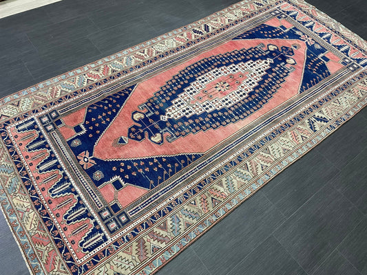 Wool OUSHAK RUG TURKISH 4.7 x 9.6 Rug Muted Pink and Navy Rug Vintage Oriental Rug Vintage Hand Made Rug Wool Vintage Oushak Rug 5x10