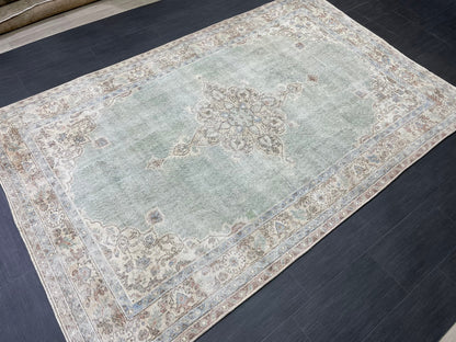 Green Vintage Rug Vintage 5.6 x 8.8 Hand Knotted Rug Wool Oushak Rug Hand Made Rugs Vintage Turkish Rug Persian Rug Distressed Rug