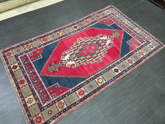 Colorful Navy and Red RUG TURKISH 4.6 x 7.8 Rug Vintage Handmade Vintage Runner Rug Wool Rug Hand Knotted Rugs Vintage Turkish Rug