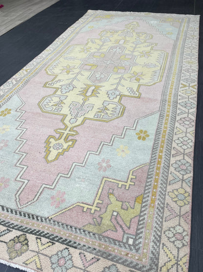 Muted Vintage RUG 4x9 TURKISH Rug Oriental Rug Vintage Oushak Rug Vintage Persian Wool Rug Handmade Rug Vintage Turkish Rug Discounted Rugs