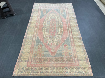 Vintage Handmade Rug Muted  3.8 x 7 Vintage Rug Wool Oushak Rug Hand Made Rugs Vintage Turkish Rug Living Room Rug