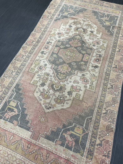 Vintage Handmade Rug Muted  3.6 x 7.3 Vintage Rug Wool Oushak Rug Hand Made Rugs Vintage Turkish Rug Living Room Rug