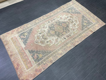 Vintage Handmade Rug Muted  3.6 x 7.3 Vintage Rug Wool Oushak Rug Hand Made Rugs Vintage Turkish Rug Living Room Rug