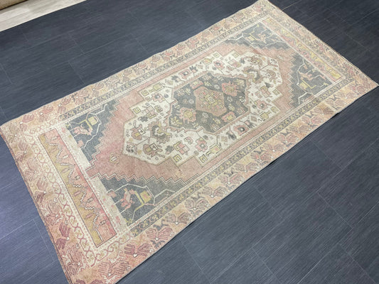 Vintage Handmade Rug Muted  3.6 x 7.3 Vintage Rug Wool Oushak Rug Hand Made Rugs Vintage Turkish Rug Living Room Rug