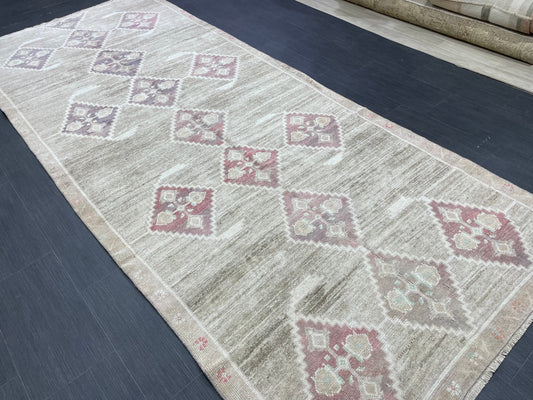 Hand Knotted Vintage Rug Muted Vintage 4.4 x 10.8 ft Rug Wool Oriental Rug Handmade Rug Vintage Oushak Turkish Rug Muted Persian Wool Rug