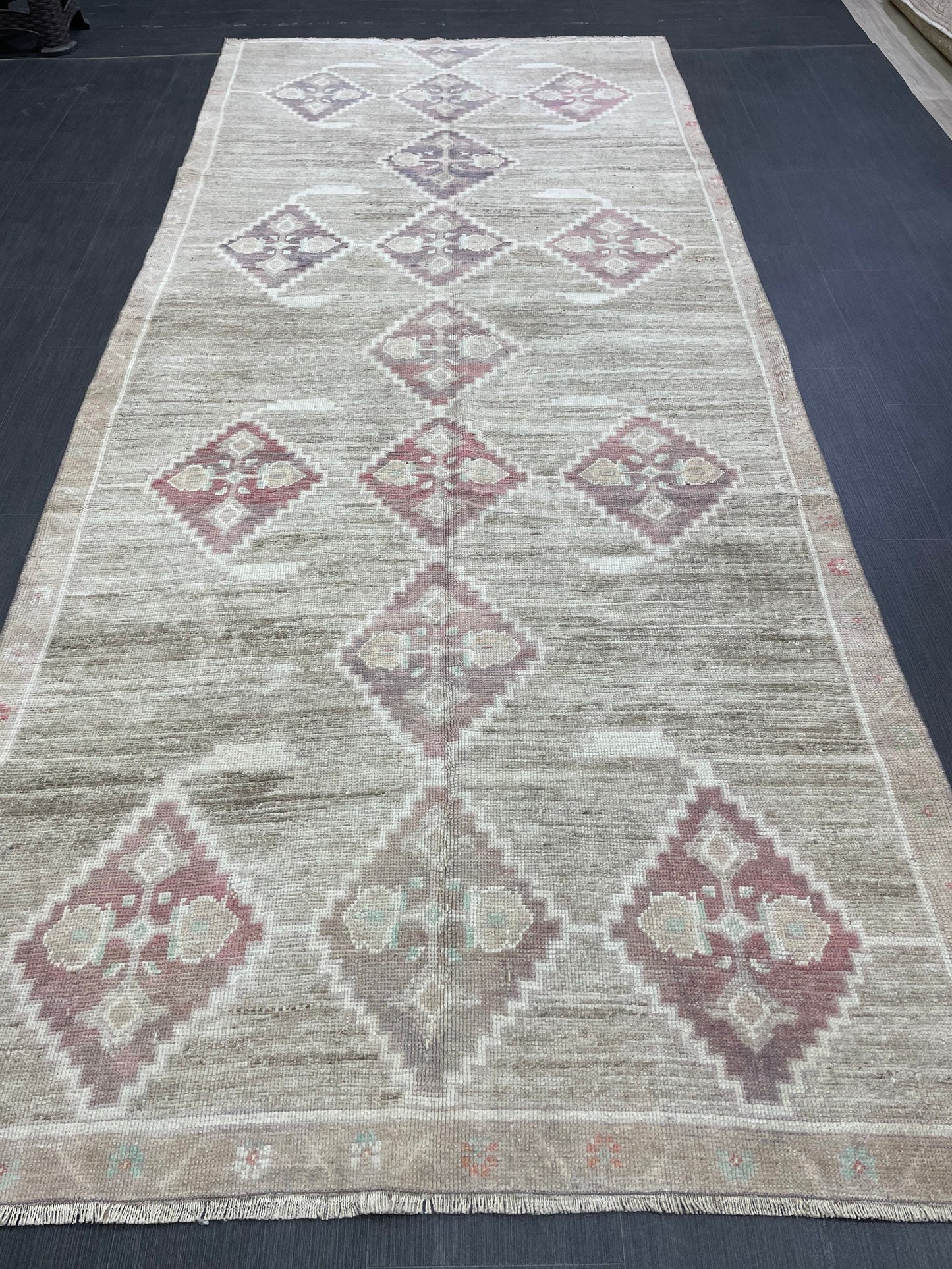 Hand Knotted Vintage Rug Muted Vintage 4.4 x 10.8 ft Rug Wool Oriental Rug Handmade Rug Vintage Oushak Turkish Rug Muted Persian Wool Rug