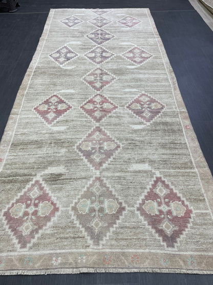 Hand Knotted Vintage Rug Muted Vintage 4.4 x 10.8 ft Rug Wool Oriental Rug Handmade Rug Vintage Oushak Turkish Rug Muted Persian Wool Rug