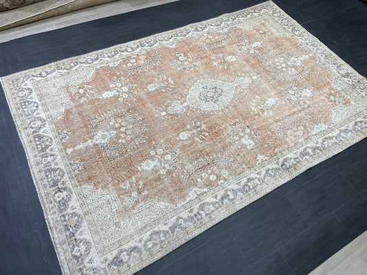 TURKISH HAND MADE Rug 6.3 x 9.7 Vintage Distressed Rug Oushak Rug Persian Rug Oriental Rug Vintage Apricot Color Rug Wool Rug
