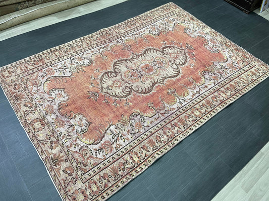 Distressed Vintage TURKISH HAND MADE Rug 6.4 x 9.3 Handmade Rug Oushak Rug Persian Rug Oriental Rug Vintage Apricot Color Rug Wool Rug