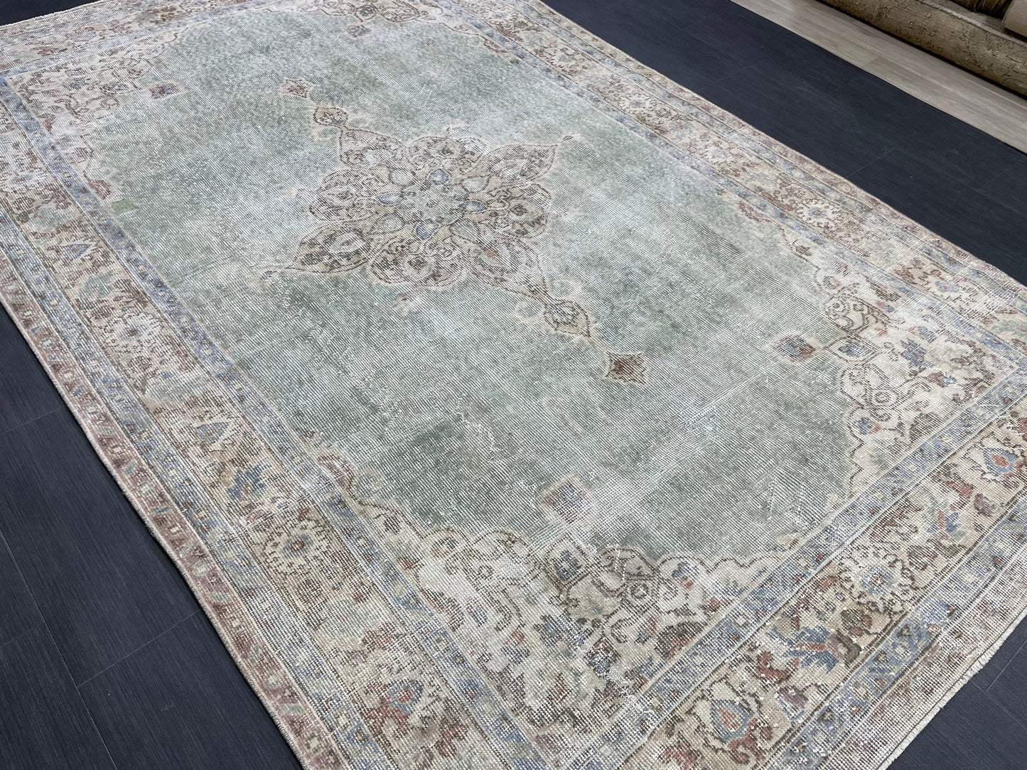 Green Vintage Rug Vintage 5.6 x 8.8 Hand Knotted Rug Wool Oushak Rug Hand Made Rugs Vintage Turkish Rug Persian Rug Distressed Rug