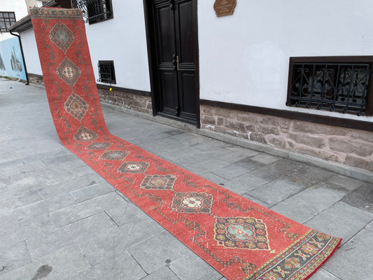 Extra Long Turkish Runner Very Long Oushak Runner Rug 2.6 x 20 ft Vintage Runner Rug Red Color XL Oriental Runner Rug Staircase Runner rug