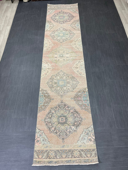 Distressed Runner Rug Muted Turkish Runner 3 x 13.2 Rug  Pink Vintage Runner Rug Hallway Runner Rug Muted Persian Runner Rug Wool Runner
