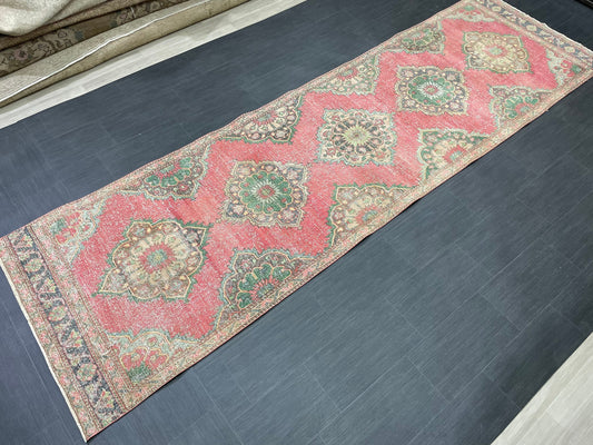 Vintage Runner Rug 3.7 x 12.6 Muted Turkish Runner Rug Hand Made Runner Rug Vintage Runner Rug Hallway Runner Rug Distressed Runner