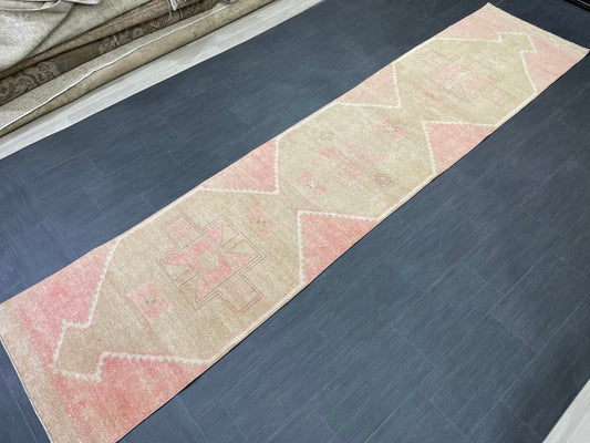 Muted Vintage Runner Rug 2.7 x 12.6 Hand Made Runner Rug Turkish Runner Rug Pink Vintage Runner Rug Hallway Runner Rug Wool Kitchen Runner