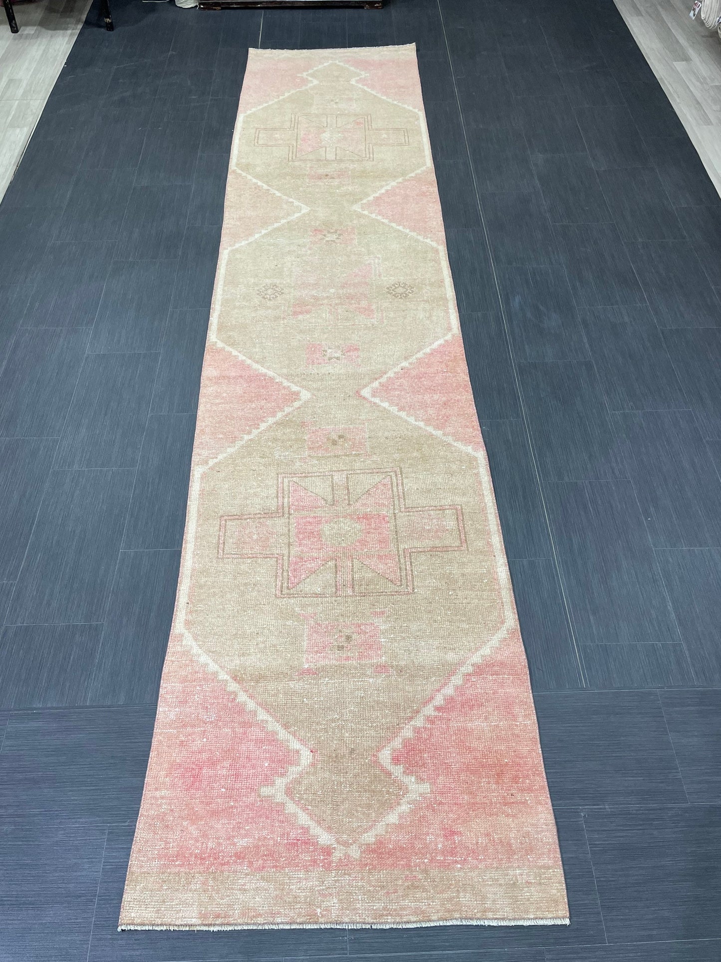 Muted Vintage Runner Rug 2.7 x 12.6 Hand Made Runner Rug Turkish Runner Rug Pink Vintage Runner Rug Hallway Runner Rug Wool Kitchen Runner