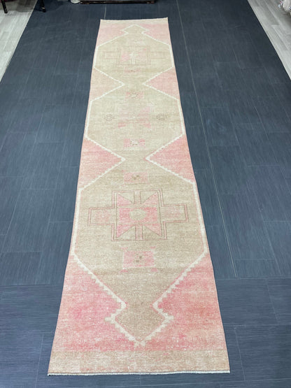 Muted Vintage Runner Rug 2.7 x 12.6 Hand Made Runner Rug Turkish Runner Rug Pink Vintage Runner Rug Hallway Runner Rug Wool Kitchen Runner