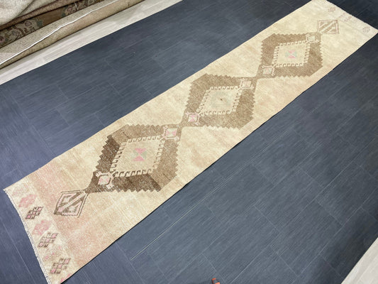 Muted Vintage Runner Rug 2.6 x 12.2 Hand Made Runner Rug Turkish Runner Rug Pink Vintage Runner Rug Hallway Runner Rug Wool Kitchen Runner