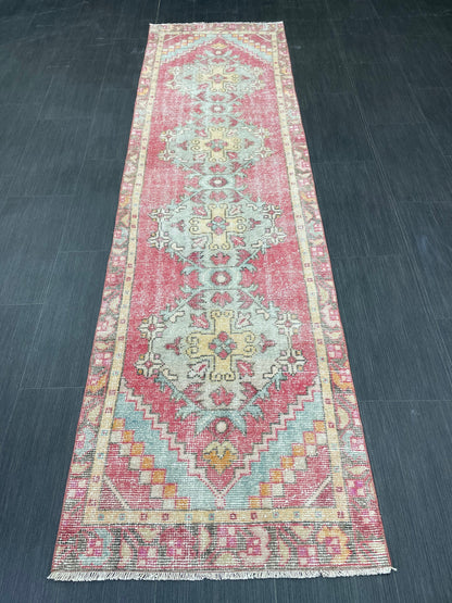 Short Vintage Runner Rug 2.4 x 8.5 Hand Knotted Runner Rug Turkish Runner Rug Vintage Runner Rug Hallway Runner Rug Wool Kitchen Runner