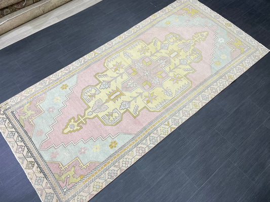 Muted Vintage RUG 4x9 TURKISH Rug Oriental Rug Vintage Oushak Rug Vintage Persian Wool Rug Handmade Rug Vintage Turkish Rug Discounted Rugs