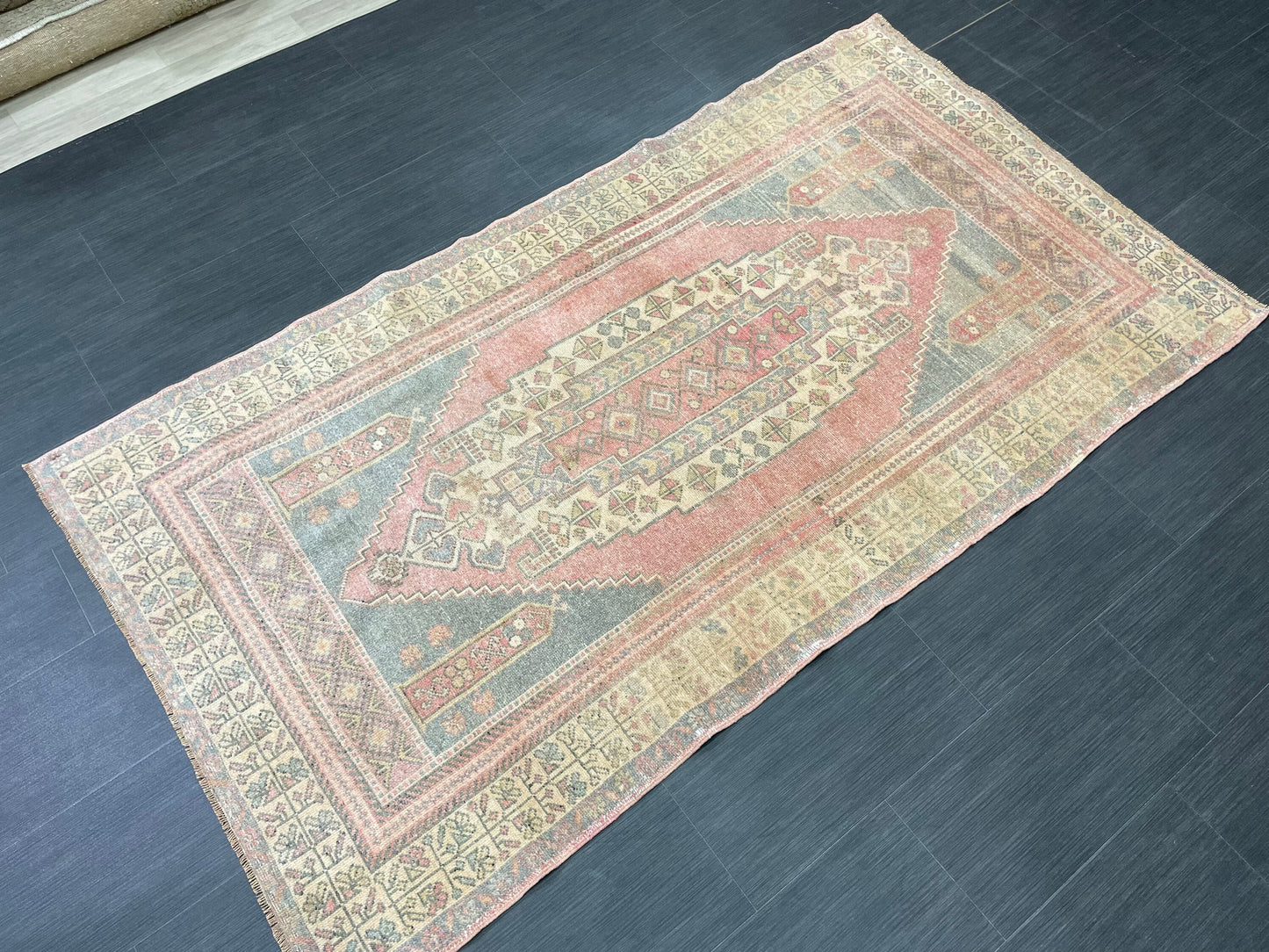 Vintage Handmade Rug Muted  3.8 x 7 Vintage Rug Wool Oushak Rug Hand Made Rugs Vintage Turkish Rug Living Room Rug