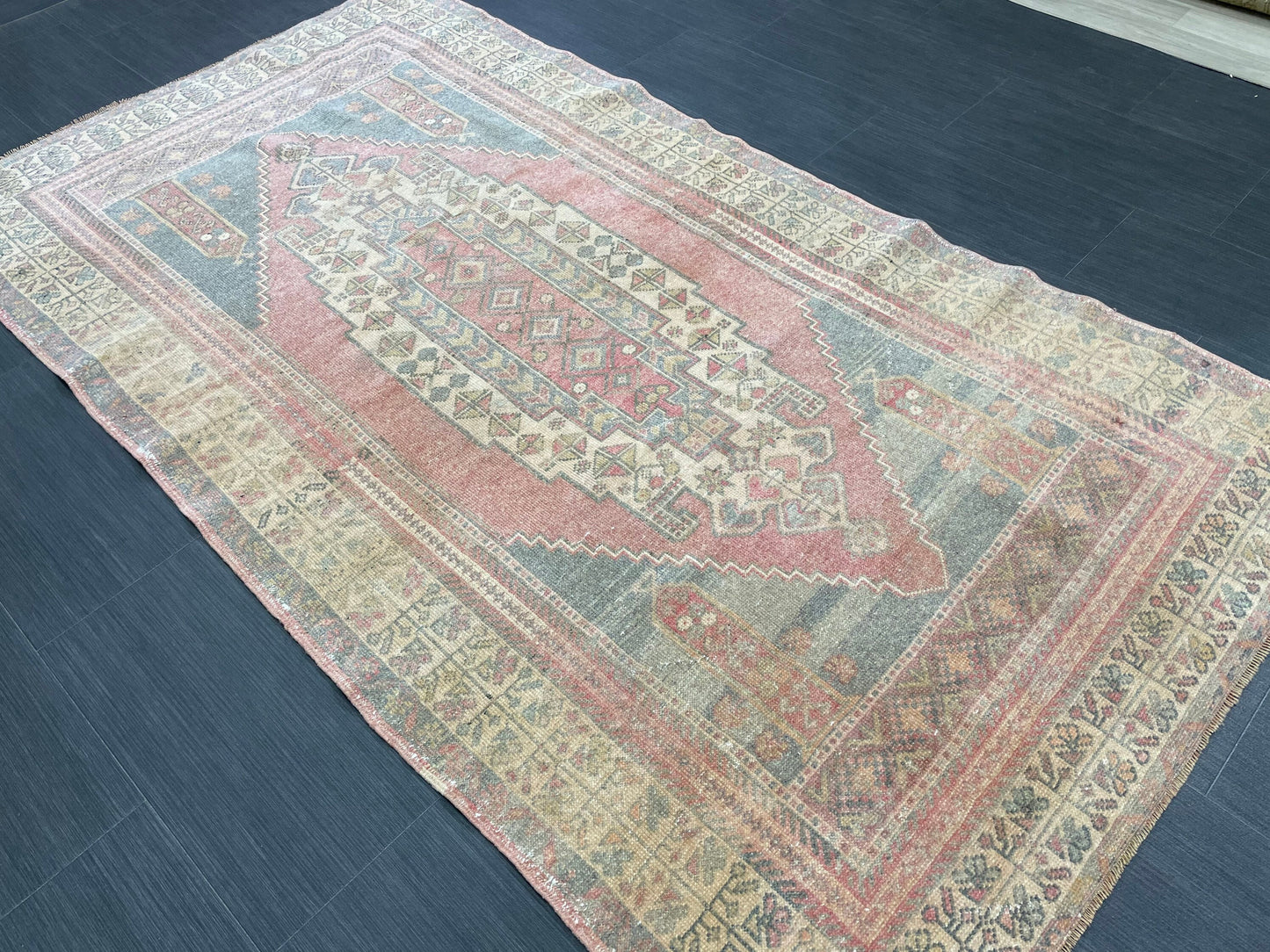 Vintage Handmade Rug Muted  3.8 x 7 Vintage Rug Wool Oushak Rug Hand Made Rugs Vintage Turkish Rug Living Room Rug