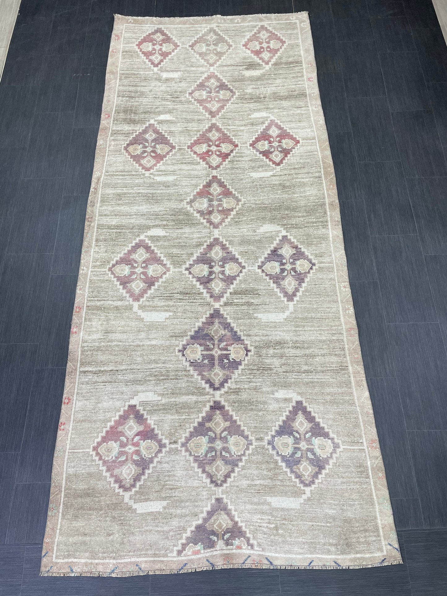Hand Knotted Vintage Rug Muted Vintage 4.4 x 10.8 ft Rug Wool Oriental Rug Handmade Rug Vintage Oushak Turkish Rug Muted Persian Wool Rug