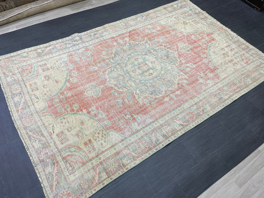 Distressed Vintage HAND MADE Rug 6.2 x 10 Handmade Rug Oushak Rug Persian Rug Oriental Rug Vintage Turkish Rug Pink Wool Rug