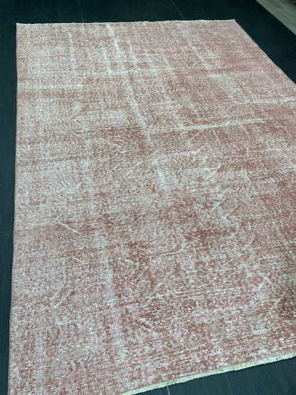 Distressed Hand Knotted Rug 6.5 x 9.2 Handmade Rug Oushak Rug Persian Rug Oriental Rug Vintage Turkish Rug Pink Wool Rug