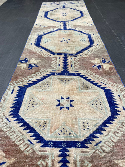 Muted Vintage Runner Rug 2.8 x 11.4 Muted Turkish Runner Star Rug Navy Oushak Runner Rug Hallway Runner Kitchen Runner Rug Wool Runner