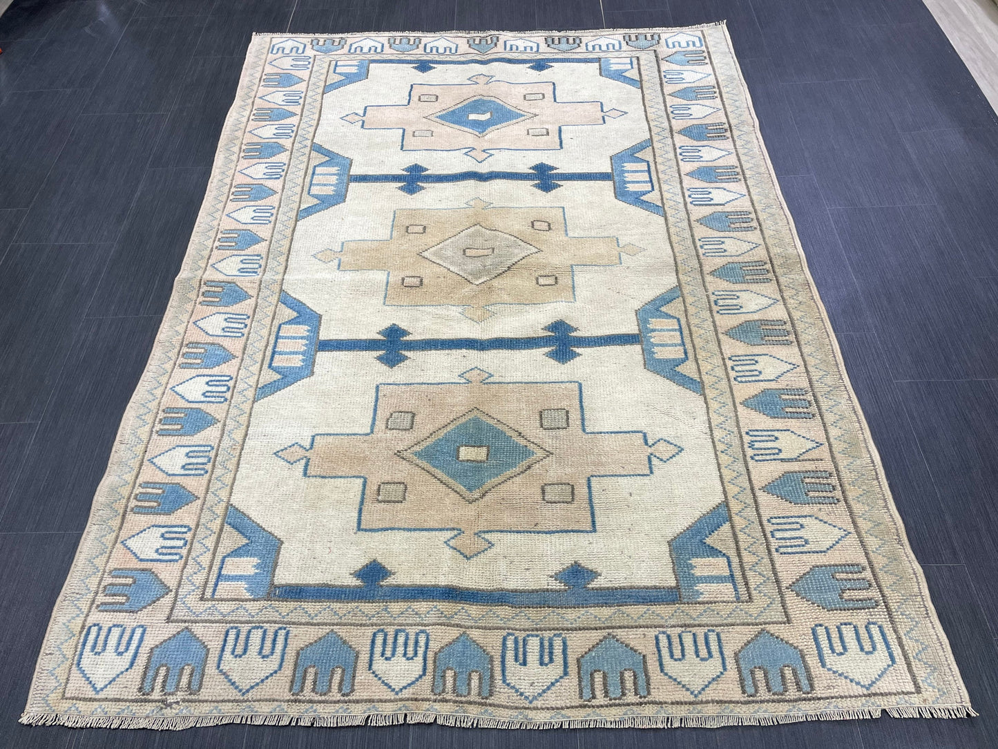 Vintage Blue Rug Muted 4.6 x 6.3 Vintage Rug Wool Light Blue Oushak Rug Hand Made Rugs Vintage Turkish Rug Living Room Rug