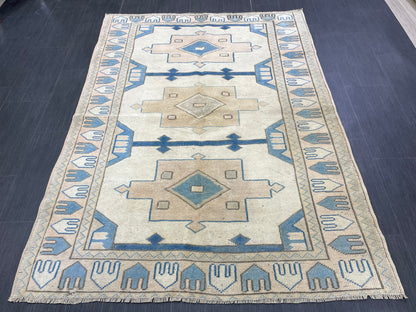 Vintage Blue Rug Muted 4.6 x 6.3 Vintage Rug Wool Light Blue Oushak Rug Hand Made Rugs Vintage Turkish Rug Living Room Rug