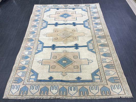Vintage Blue Rug Muted 4.6 x 6.3 Vintage Rug Wool Light Blue Oushak Rug Hand Made Rugs Vintage Turkish Rug Living Room Rug