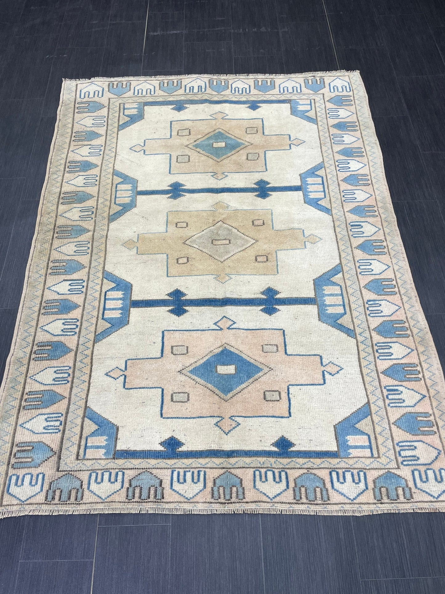 Vintage Blue Rug Muted 4.6 x 6.3 Vintage Rug Wool Light Blue Oushak Rug Hand Made Rugs Vintage Turkish Rug Living Room Rug