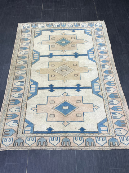 Vintage Blue Rug Muted 4.6 x 6.3 Vintage Rug Wool Light Blue Oushak Rug Hand Made Rugs Vintage Turkish Rug Living Room Rug