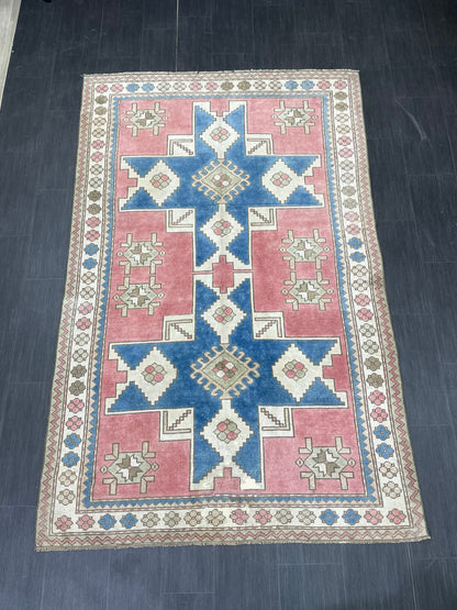 Vintage Blue and Pink Rug 5x8 Vintage Persian Rug Muted Vintage Rug Wool Muted Oushak Rug Hand Made Rugs Vintage Turkish Rug