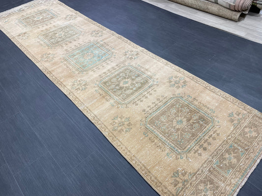 Muted Vintage Runner Rug 3.2 x 11.8 Hand Knotted Runner Rug Turkish Runner Rug Vintage Runner Rug Hallway Runner Rug Wool Kitchen Runner
