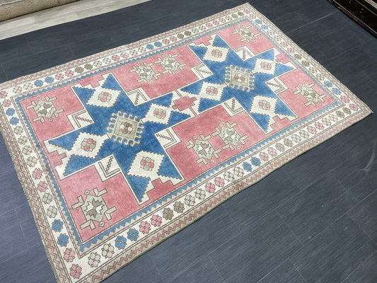 Vintage Blue and Pink Rug 5x8 Vintage Persian Rug Muted Vintage Rug Wool Muted Oushak Rug Hand Made Rugs Vintage Turkish Rug