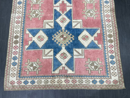 Vintage Blue and Pink Rug 5x8 Vintage Persian Rug Muted Vintage Rug Wool Muted Oushak Rug Hand Made Rugs Vintage Turkish Rug