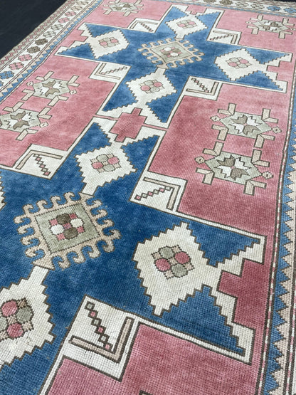 Vintage Blue and Pink Rug 5x8 Vintage Persian Rug Muted Vintage Rug Wool Muted Oushak Rug Hand Made Rugs Vintage Turkish Rug