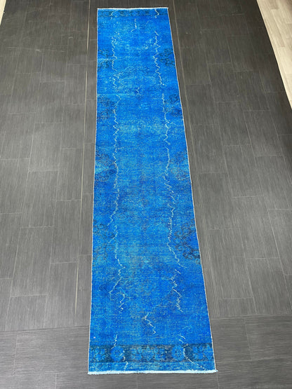 Blue Oushak Runner Rug 2.6 x 11.6 Turkish Runner Rug  Overdye Vintage Runner Rug Hallway Runner Kitchen Runner Rug Wool Staircase Runner Rug