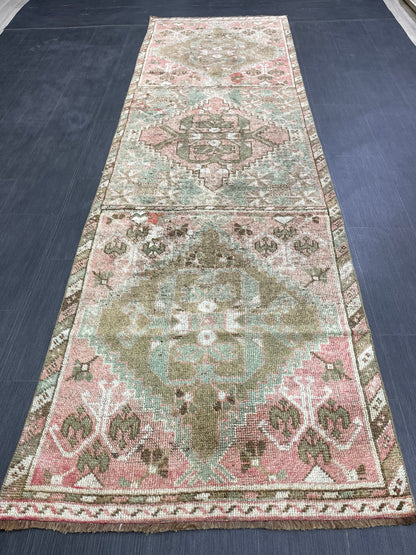 Hand Knotted Runner 3.3 x 11 Vintage Runner Rug Hallway Runner Rug Kitchen Runner Rug Wool Runner Rug Wool Turkish Runner Rug