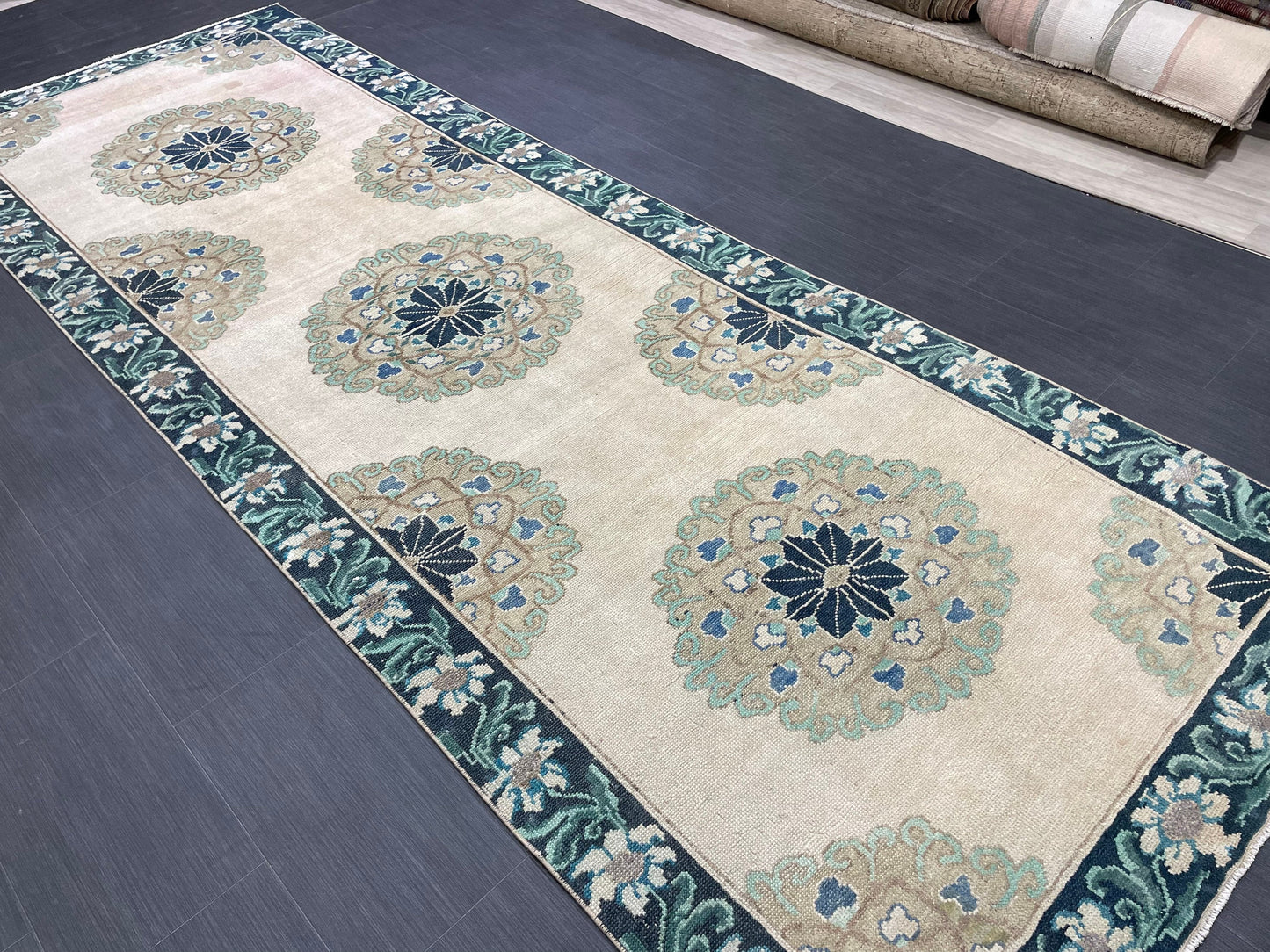 Green Turkish Runner Rug 4 x 11.3 Muted Vintage Runner Persian Hallway Runner Rug Kitchen Runner Rug Oriental Runner Muted  RUNNER