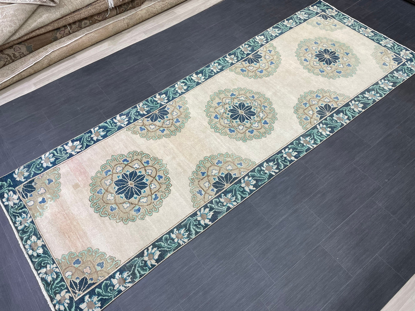 Green Turkish Runner Rug 4 x 11.3 Muted Vintage Runner Persian Hallway Runner Rug Kitchen Runner Rug Oriental Runner Muted  RUNNER