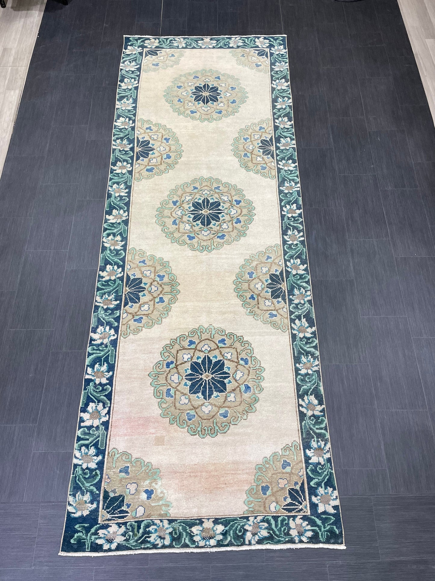 Green Turkish Runner Rug 4 x 11.3 Muted Vintage Runner Persian Hallway Runner Rug Kitchen Runner Rug Oriental Runner Muted  RUNNER