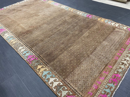 Wool Handmade Rug 5.3 x 10.4 Vintage Rug Oushak Rug Wool Boho Rug, Persian Rug Fun Turkish Rug Brown Rug Dark Oriental Wool rug Kars Rug