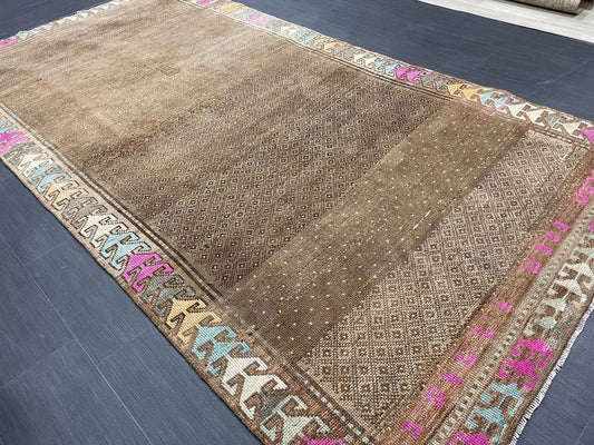 Wool Handmade Rug 5.3 x 10.4 Vintage Rug Oushak Rug Wool Boho Rug, Persian Rug Fun Turkish Rug Brown Rug Dark Oriental Wool rug Kars Rug