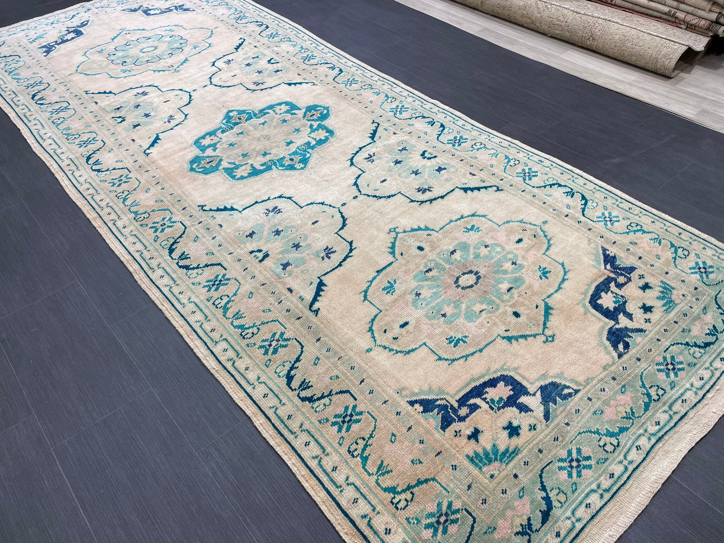 Muted Hand Knotted Rugs 4.7 x 11.8 Handmade Rug, WOOL Oushak Rug Rustic Rug Runner, Turkish Rug Farmhouse Rug Vintage Rug Wool rug