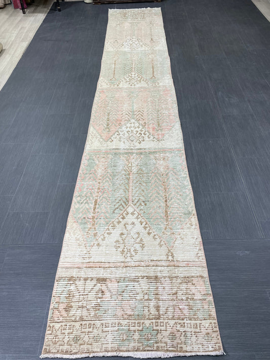 Muted Vintage Runner Rug 2.3 x 13.6 Muted Hallway Runner Rug Kitchen Runner Rug Muted Wool Runner Rug Muted Distressed Turkish Runner