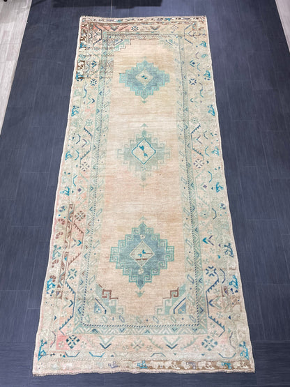 Muted Oushak Runner 4.7 x 11.5 Rug Turkish Runner Rug Faded Vintage Runner Rug Hallway Runner Rug Neutral Kitchen Runner Rug Wool Runner Rug